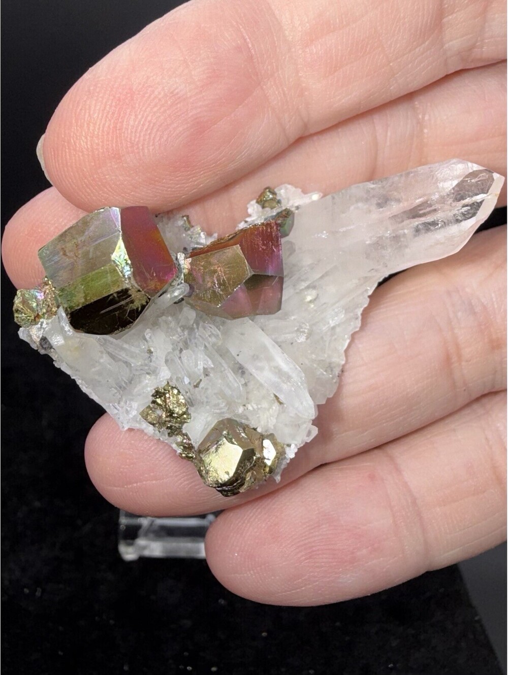 Naturally Iridescent Pyrite on Quartz Crystal Specimen Indonesia